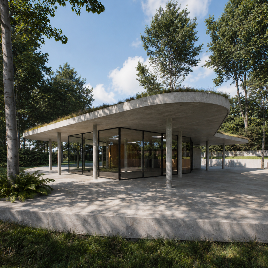 Vista Interior y exterior del Pabellón de la laguna en Finca El Pongo. Proyecto Leguía Yias Arquitectos