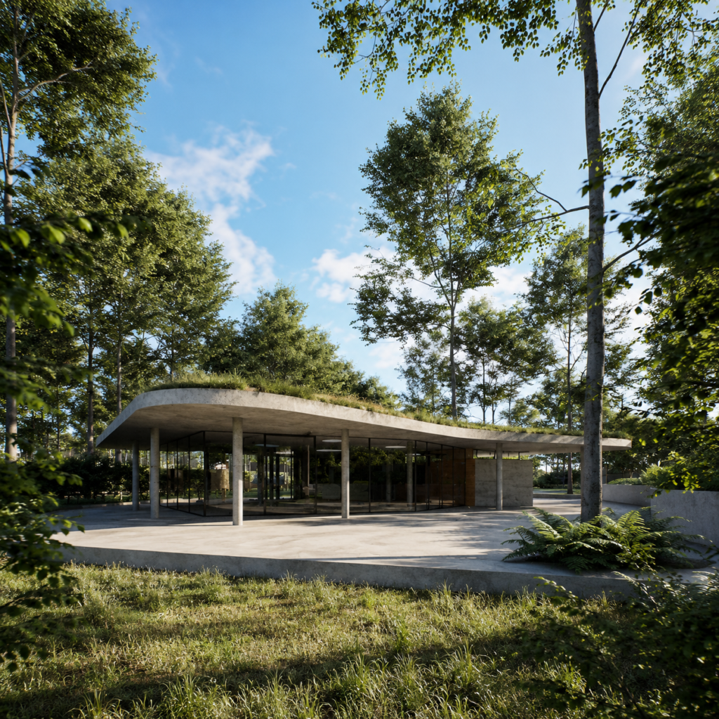 Exterior del Pabellón de la laguna en Finca El Pongo. Proyecto Leguía Yias Arquitectos